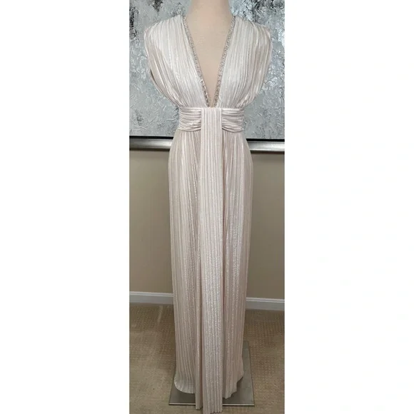 SABINA MUSAYEV Leone Crystal Embellished Pleated Metallic Maxi Dress Sz Medium